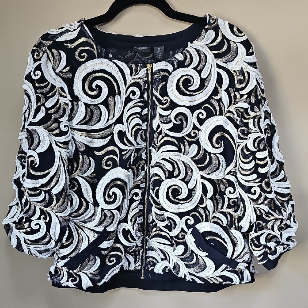 Chico's Bomber Mesh Jacket with White, Navy & Gold Swirl Embroidery